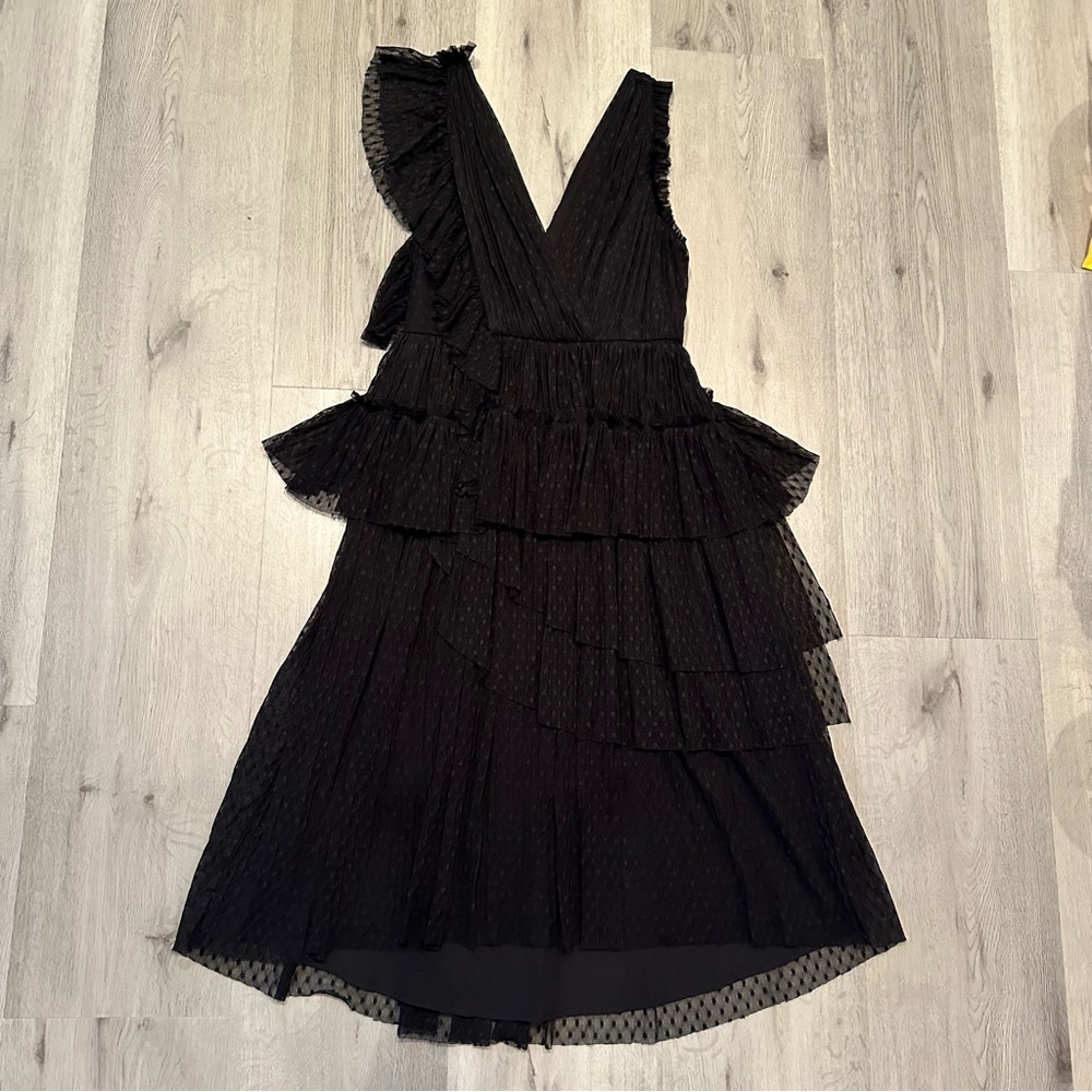 NWOT JOIE Johnesha Wrap Effect Tiered Pleated Dress Midi black polka dot ruffle